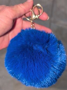 Blue Faux Fur Pom Pom Keychain with Gold Hardware